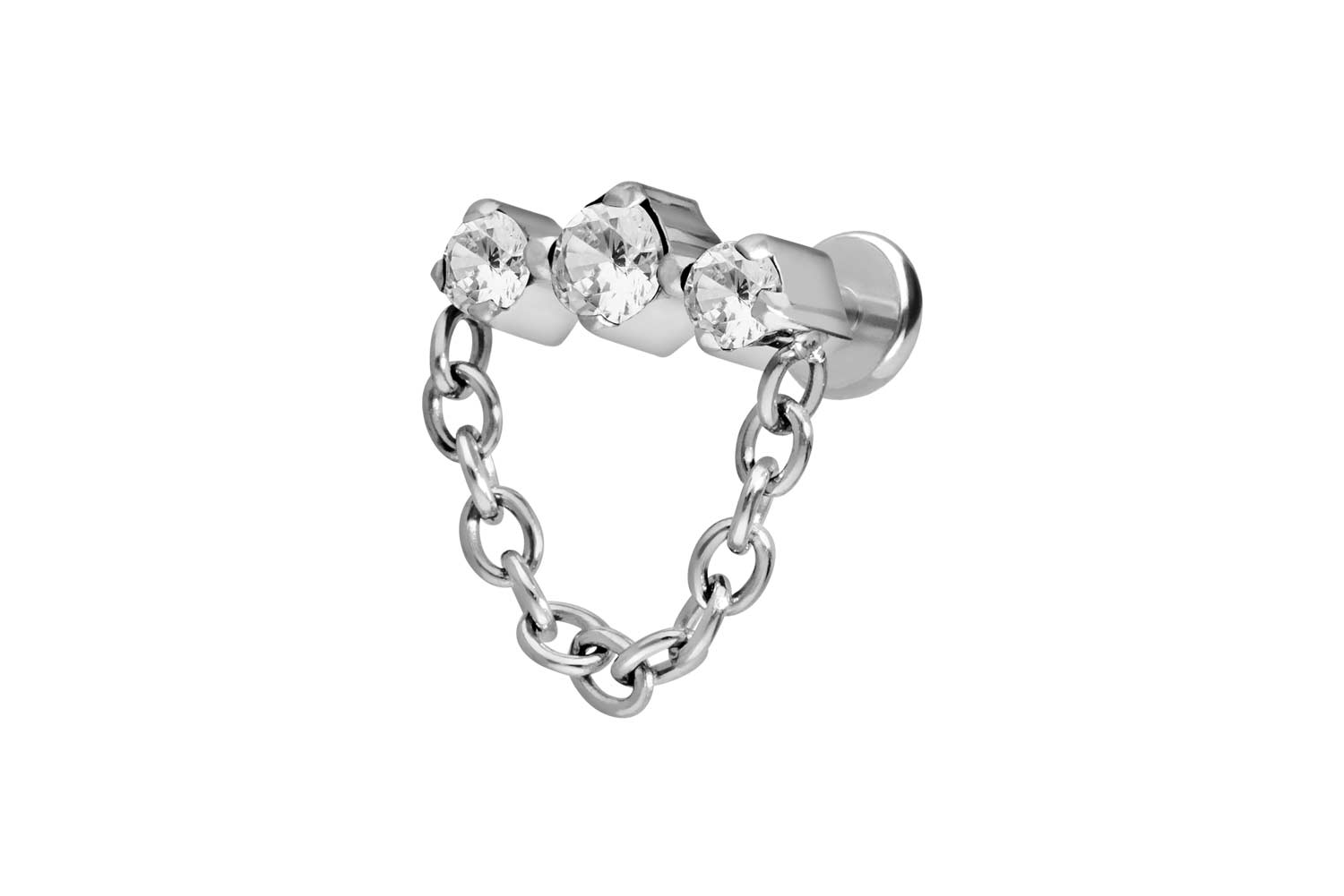 Titan Labret Piercing mit Push Fit 3 EINGEFASSTE KRISTALLE + KETTE